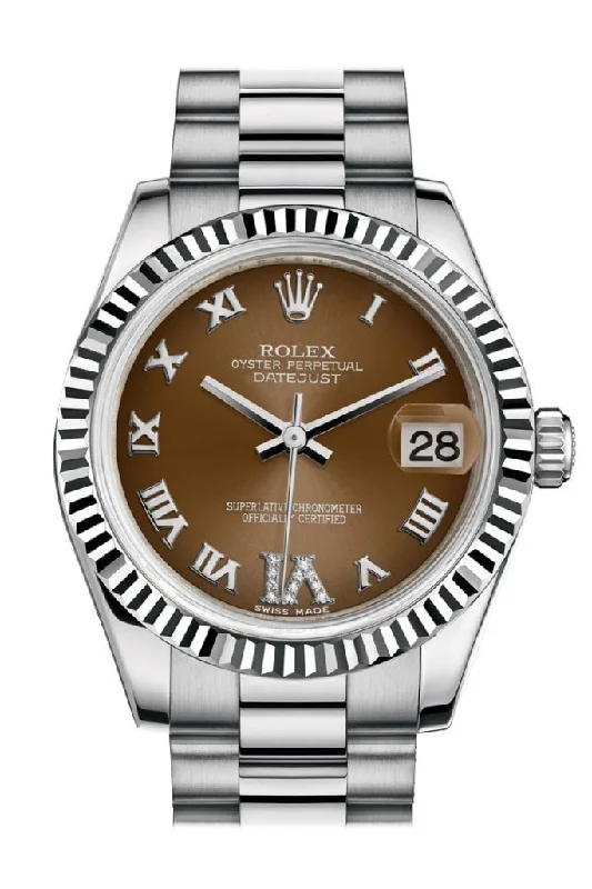 Rolex Watches for Men –Rolex Datejust 31 Bronze Large VI Diamond Dial Fluted Bezel 18K White Gold President Ladies Watch 178279 Pre-owned