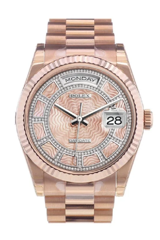 Rolex Watches: Built for the Elite –Rolex Day-Date 36 Carousel of pink mother-of-pearl Dial Fluted Bezel President Everose Gold Watch 118235