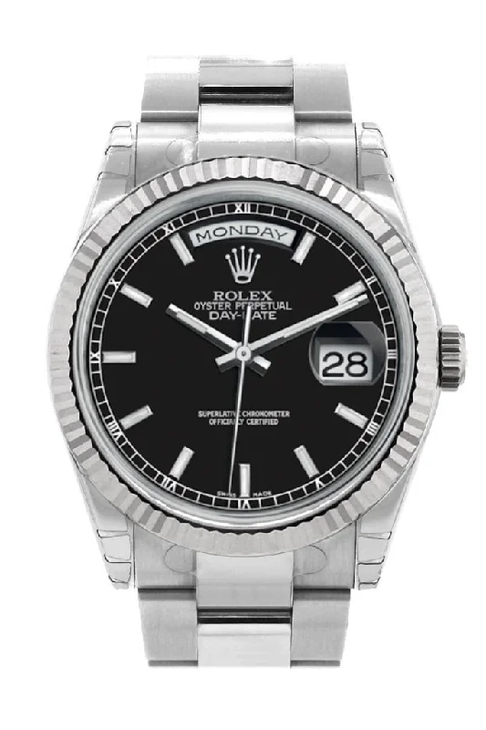 Discover Rolex Watches with Exceptional Value –Rolex Day-Date 36 Black Dial Fluted Bezel Oyster White Gold Watch 118239