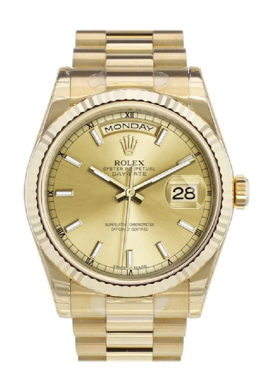 Find Exclusive Rolex Models for Timeless Elegance –Rolex Day-Date 36 Champagne-colour Dial Fluted Bezel President Yellow Gold Watch 118238