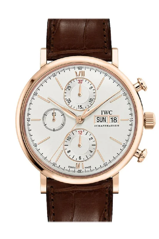 Find IWC Watches with Legendary Design –IWC Portofino Chronograph Silver Dial Brown Alligator Leather Men's Watch IW391020