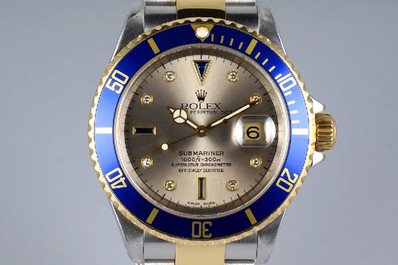 Shop Rolex Watches for Timeless Design and Style –2002 Rolex Two Tone Submariner 16613 Silver Serti Dial