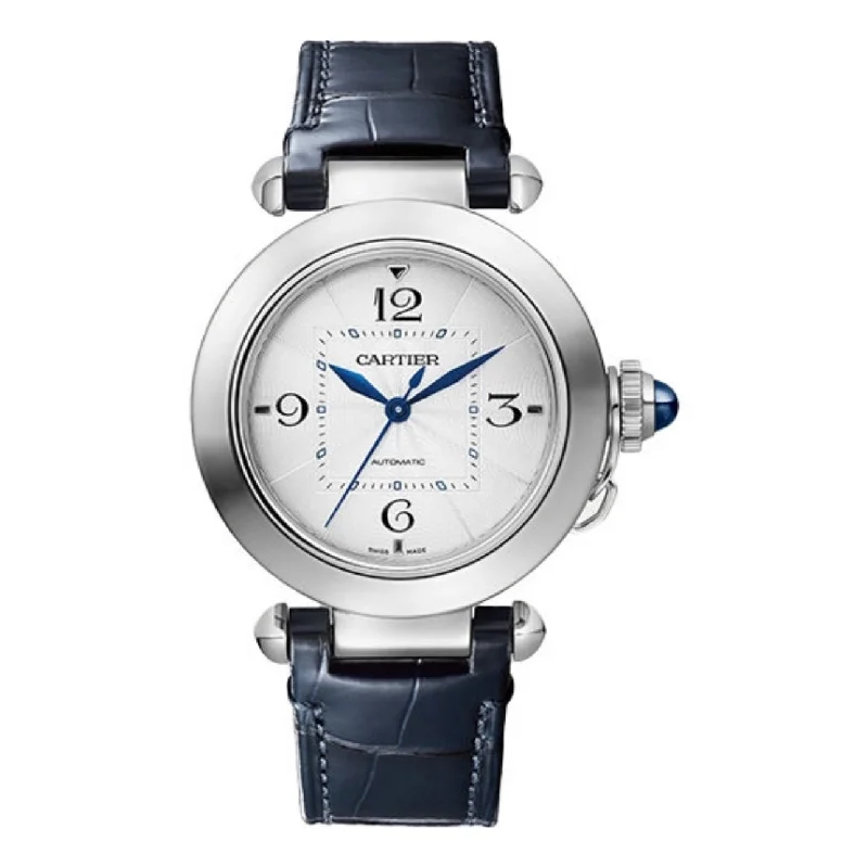 Discover the Best Cartier Timepieces for You –Cartier Pasha de Cartier 35mm Women's watch - Ref: WSPA0012 - Silver Arabic Dial, Blue Alligator Strap