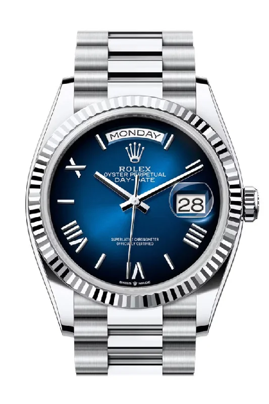 Explore Rolex Watches with Distinctive Designs –Rolex Day Date 36 Bright Blue Roman Dial Fluted Bezel Platinum President Bracelet 128236