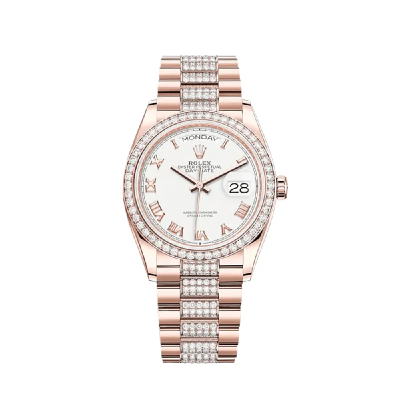 Shop Rolex Watches for Timeless Style –Rolex Day-Date 128345RBR Rose Gold Diamond Bezel White Dial