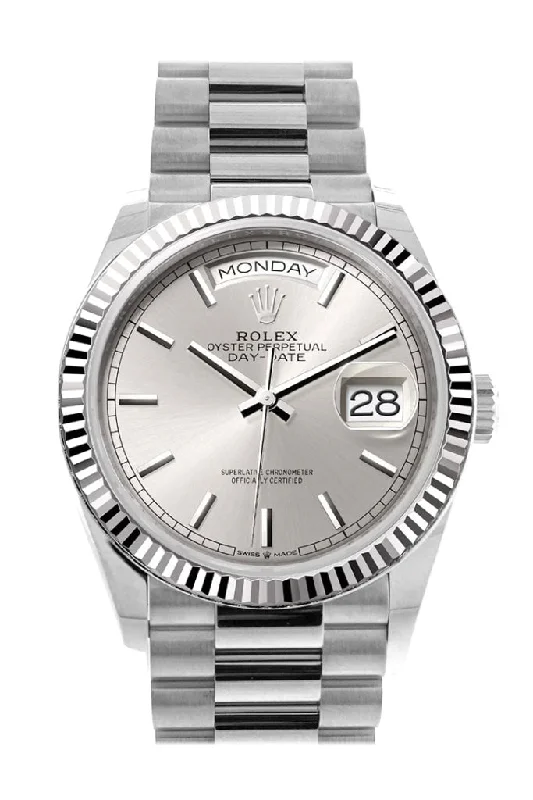 Shop for Rolex Watches with Confidence –Rolex Day-Date 36 Silver Dial Fluted Bezel White gold President Watch 128239