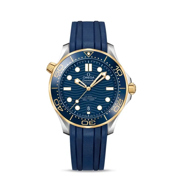 Shop Omega Watches for Legendary Style –Omega Seamaster 42mm Watch - Ref: 210.22.42.20.03.001 - Blue Index Dial in Two Tone Stainless Steel & 18K Yellow Gold Case, Blue Rubber Strap