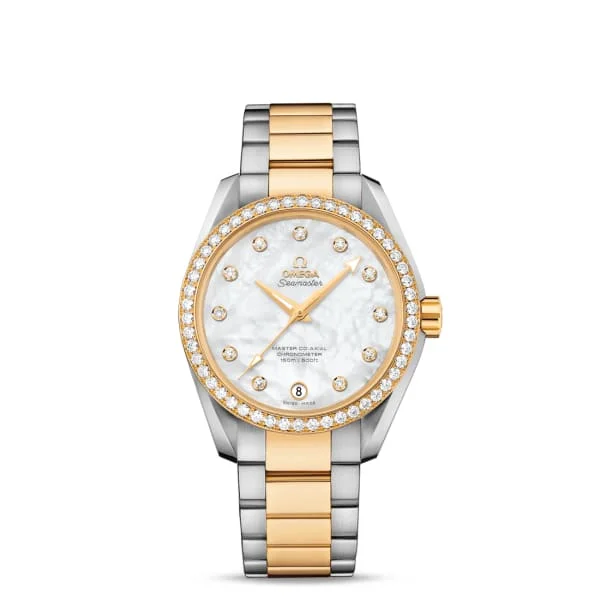 Omega Watches: Luxury for the Modern Era –Omega Seamaster 39mm Watch - Ref: 231.25.39.21.55.002 - White Mother of Pearl Diamond Index Dial & Diamond Bezel, Two Tone Stainless Steel & 18K Yellow Gold Bracelet