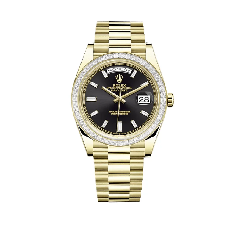 Rolex Watches: Timeless Investment in Luxury –Rolex Day-Date 228398TBR Yellow Gold Diamond-Paved Bezel Black Diamond Dial