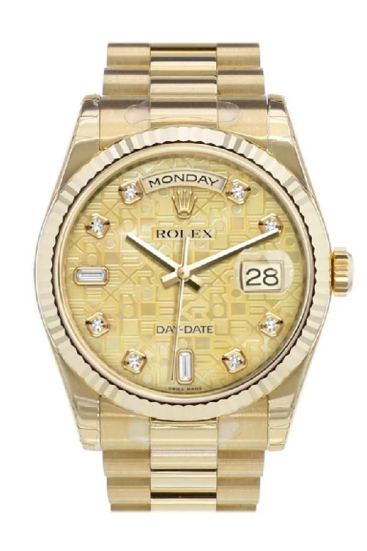 Discover the Craftsmanship of Rolex Watches –Rolex Day-Date 36 Champagne mother-of-pearl Jubilee design set with diamonds Dial Fluted Bezel President Yellow Gold Watch 118238