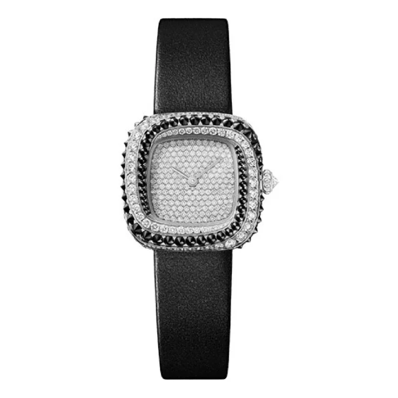 Shop Cartier Watches for Iconic Luxury –Cartier Coussin de Cartier 27.7mm Women's watch - Ref: WJCS0006 - Pave Diamond Dial & Diamond Bezel in 18K White Gold Case, Black Calfskin Strap