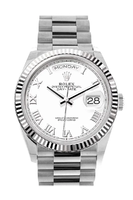 Rolex Watches: Built for the Luxury Watch Enthusiast –Rolex Day-Date 36 White Dial Fluted Bezel White gold President Watch 128239 DC