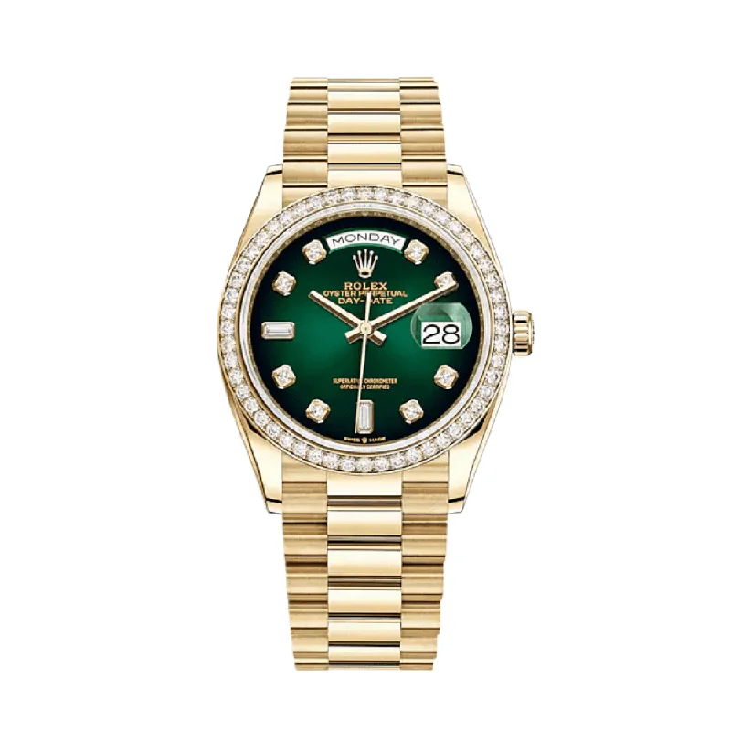 Shop Rolex Watches for Lasting Elegance –Rolex Day-Date 128348RBR Yellow Gold Diamond Bezel Green Diamond Dial