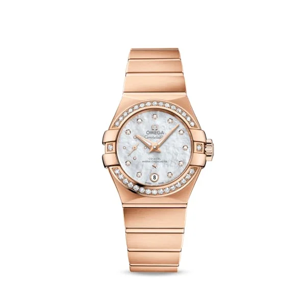 Omega Watches: Where Swiss Precision Meets Style –Omega Constellation 27mm Watch - Ref: 127.55.27.20.55.001 - White Mother of Pearl Diamond Index Dial & Diamond Bezel, 18K Rose Gold Bracelet