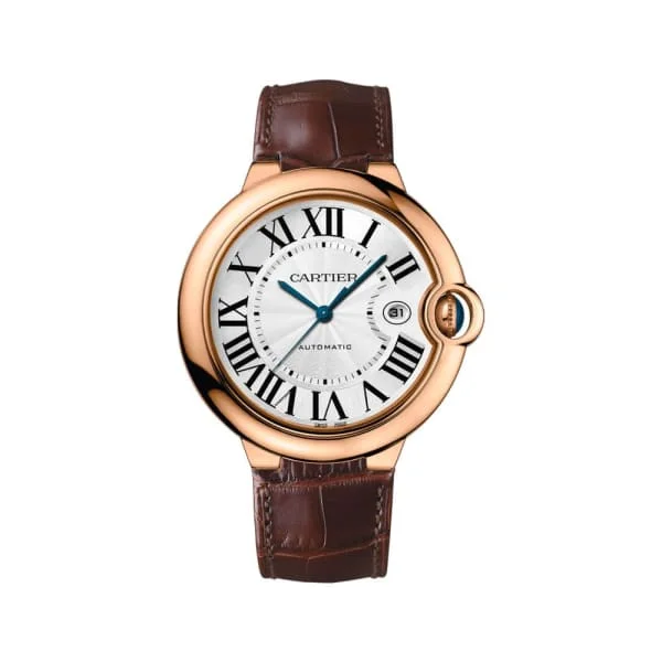 Shop Cartier Watches for the Ultimate Statement –Cartier Ballon Bleu de Cartier 42mm Watch - Ref: W6900651 - Silver Roman Dial in 18K Rose Gold Case, Brown Alligator Strap