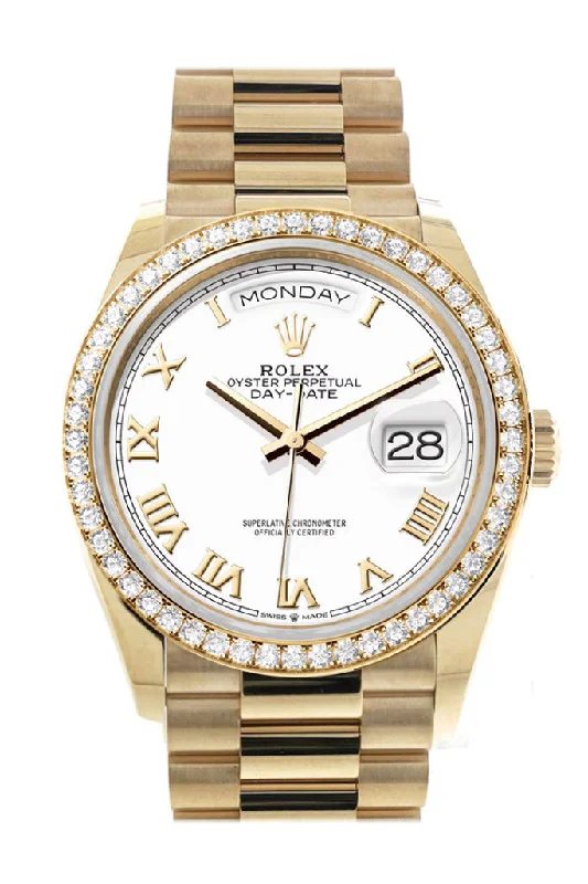 Iconic Rolex Watches for Every Collector –Rolex Day-Date 36 White Roman Dial Gold Diamond Bezel Watch 128348RBR-0042 128348RBR