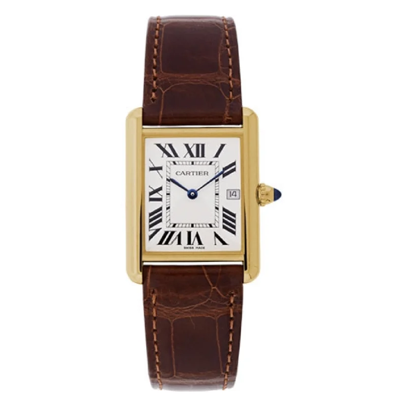 Cartier Watches: Designed for the Luxury Enthusiast –Cartier Tank Louis 33.7mm Watch - Ref: W1529756 - Silver Roman Dial in 18K Yellow Gold Case, Brown Alligator Strap