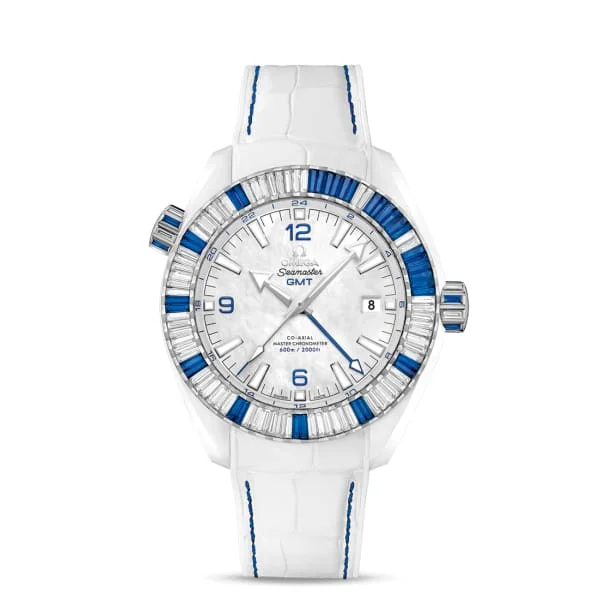 Omega Watches: A Tradition of Swiss Excellence –Omega Seamaster 46mm Watch - Ref: 215.98.46.22.05.001 - White Mother of Pearl Index Dial & Gemstone Bezel, White Leather Strap