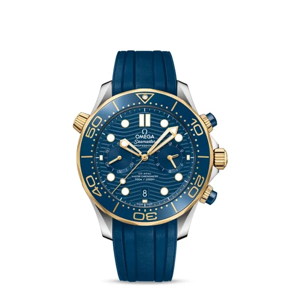 Shop Omega Watches for Rare Collections –Omega Seamaster 44mm Watch - Ref: 210.22.44.51.03.001 - Blue Index Dial in Two Tone Stainless Steel & 18K Yellow Gold Case, Blue Rubber Strap