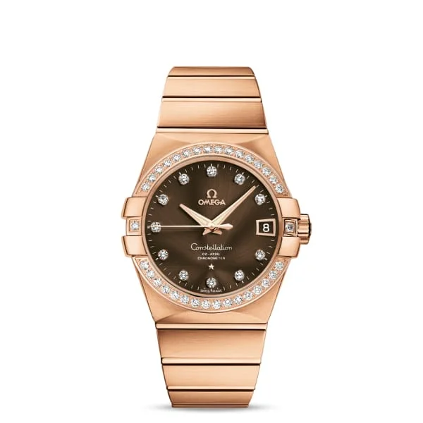 Shop Omega Watches for Iconic Designs –Omega Constellation 38mm Watch - Ref: 123.55.38.21.63.001 - Brown Diamond Index Dial & Diamond Bezel, 18K Rose Gold Bracelet