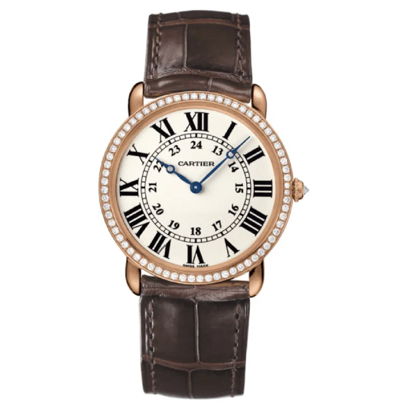 Shop Cartier Watches for the Modern Era –Cartier Ronde Solo de Cartier 36mm Watch - Ref: WR000651 - Silver Roman & Arabic Dial & Diamond Bezel in 18K Rose Gold Case, Brown Alligator Strap