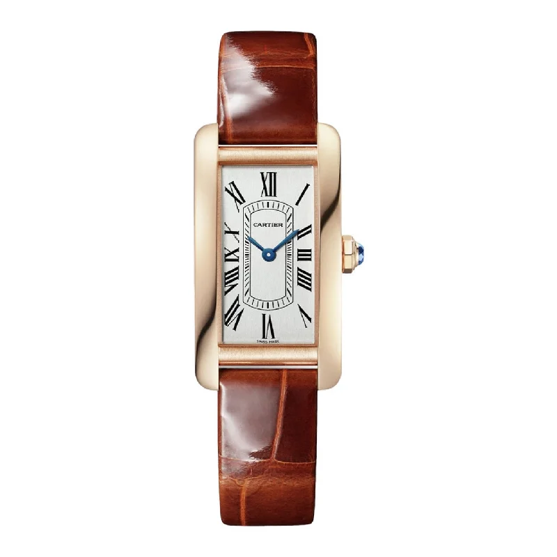 Shop Cartier Watches Online –Cartier Tank Americaine 35.4mm Watch - Ref: WGTA0133 - Silver Roman Dial in 18K Rose Gold Case, Brown Alligator Strap