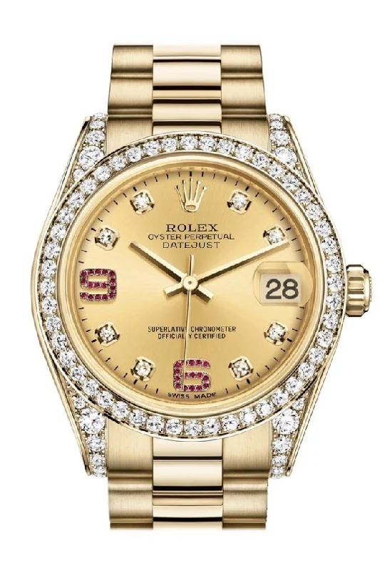 Discover Rolex Watches with Perfect Craftsmanship –Rolex Datejust 31 Champagne Diamonds Rubies Dial Diamond Bezel Lug 18K Yellow Gold President Ladies Watch 178158 Pre-owned