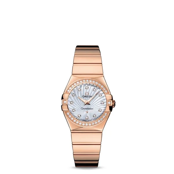 Explore the World of Omega Watches –Omega Constellation 27mm Watch - Ref: 123.55.27.60.55.005 - White Mother of Pearl Diamond Index Dial & Diamond Bezel, 18K Rose Gold Bracelet