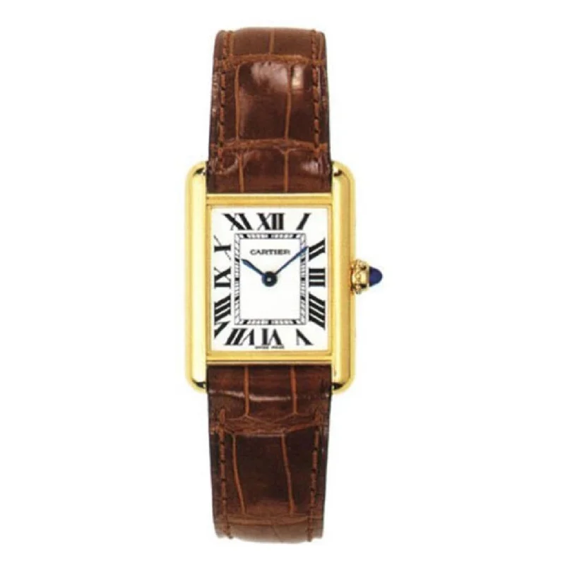 Shop Cartier Watches for Rare, Iconic Models –Cartier Tank Louis 29.5mm Women's watch - Ref: W1529856 - Silver Roman Dial in 18K Yellow Gold Case, Brown Alligator Strap