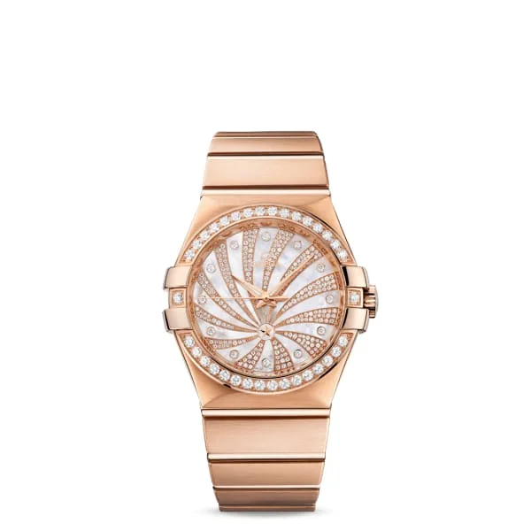 Explore Omega Watches for Lasting Elegance –Omega Constellation 35mm Watch - Ref: 123.55.35.20.55.002 - White Mother of Pearl Diamond Index Dial & Diamond Bezel, 18K Rose Gold Bracelet