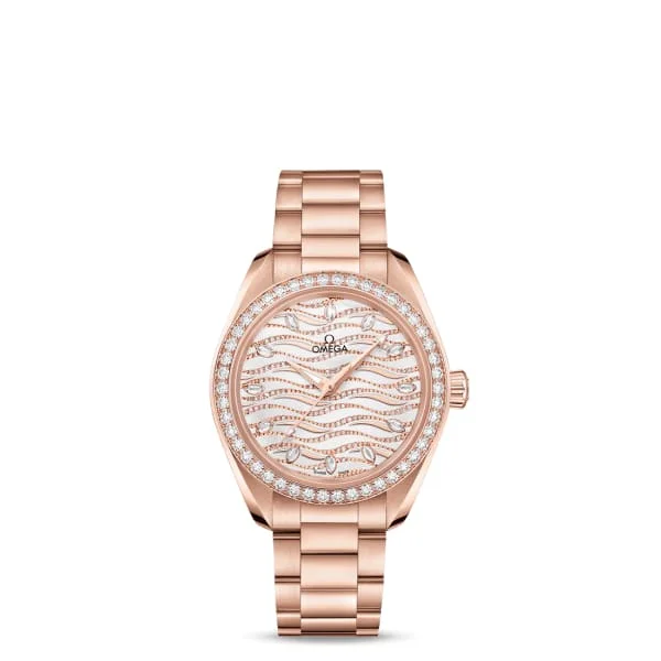 Omega Watches: Built for Performance and Luxury –Omega Seamaster 34mm Watch - Ref: 220.55.34.20.99.006 - White Pave Diamond Index Dial & Diamond Bezel, 18K Rose Gold Bracelet