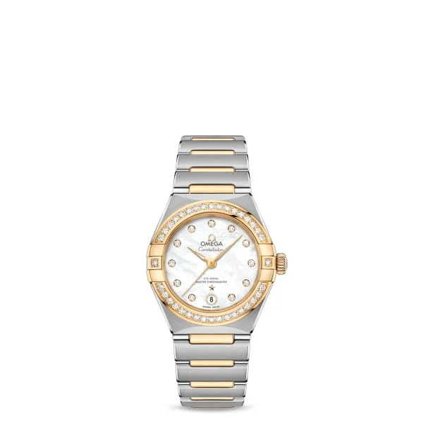 Discover the Timeless Charm of Omega Watches –Omega Constellation 29mm Watch - Ref: 131.25.29.20.55.002 - White Mother of Pearl Diamond Index Dial & Diamond Bezel, Two Tone Stainless Steel & 18K Yellow Gold Bracelet