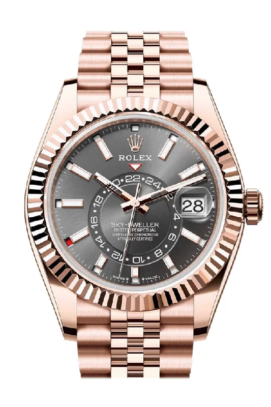 Shop Rare and Exclusive Rolex Watches –Rolex Sky Dweller Slate Dial Fluted Bezel Rose Gold Jubilee Bracelet 336935