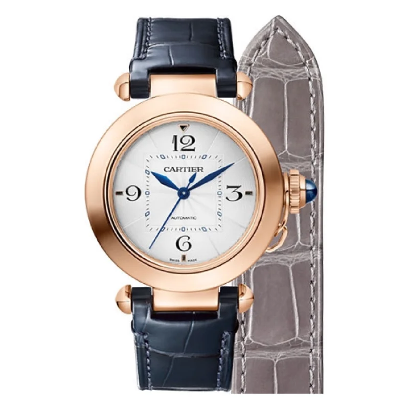 Find Cartier Watches for Every Moment –Cartier Pasha de Cartier 35mm Women's watch - Ref: WGPA0014 - Silver Arabic Dial in 18K Rose Gold Case, Blue Leather Strap