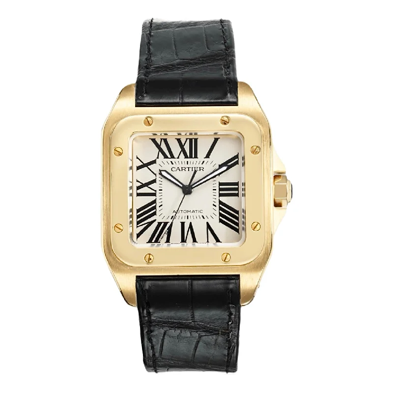 Cartier Watches: Built for Timeless Style –Cartier Santos 100 38mm Watch - Ref: W20078Y1 - Silver Roman Dial in 18K Yellow Gold Case, Black Leather Strap