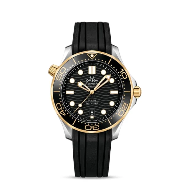 Omega Watches: Timeless Precision for Every Wrist –Omega Seamaster 42mm Watch - Ref: 210.22.42.20.01.001 - Black Index Dial in Two Tone Stainless Steel & 18K Yellow Gold Case, Black Rubber Strap