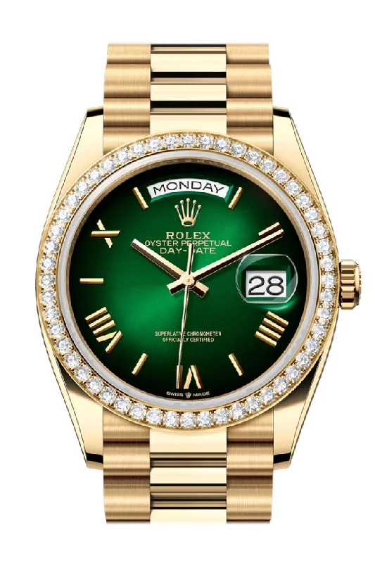 Rolex Watches: Precision Meets Timeless Elegance –Rolex Day Date 36mm Green Ombre Roman Dial Diamond Bezel Yellow Gold President Bracelet 128348RBR