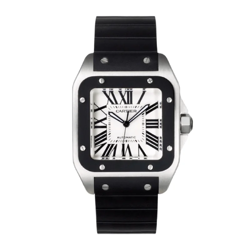 Discover Cartier Watches for Lasting Value –Cartier Santos 100 38mm Watch - Ref: W20121U2 - Silver Roman Dial, Black Rubber Strap