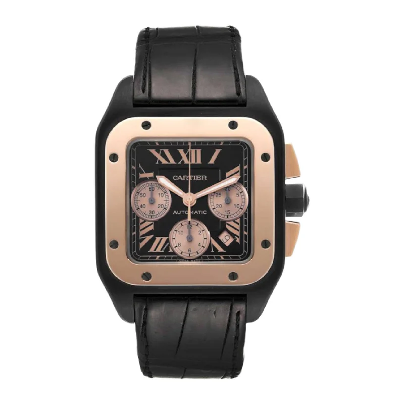 Explore the Latest Cartier Timepieces –Cartier Santos 100 54.9mm Watch - Ref: W2020004 - Black Roman Dial & 18K Rose Gold Bezel, Black Leather Strap