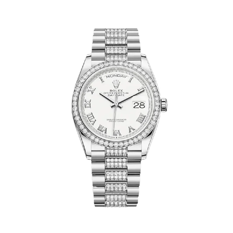 Shop Iconic Rolex Watches Today –Rolex Day-Date 128349RBR White Gold Diamond Bezel White Dial