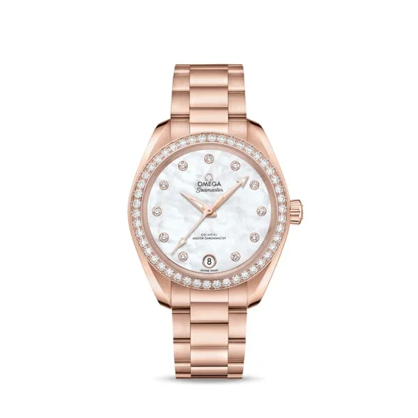 Omega Watches: Perfect for the Modern Gentleman –Omega Seamaster 34mm Watch - Ref: 220.55.34.20.55.001 - White Mother of Pearl Diamond Index Dial & Diamond Bezel, 18K Rose Gold Bracelet