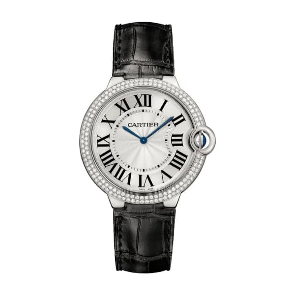 Find Classic Cartier Timepieces Today –Cartier Ballon Bleu de Cartier 40mm Watch - Ref: WE902056 - Silver Roman Dial & Diamond Bezel in 18K White Gold Case, Black Alligator Strap