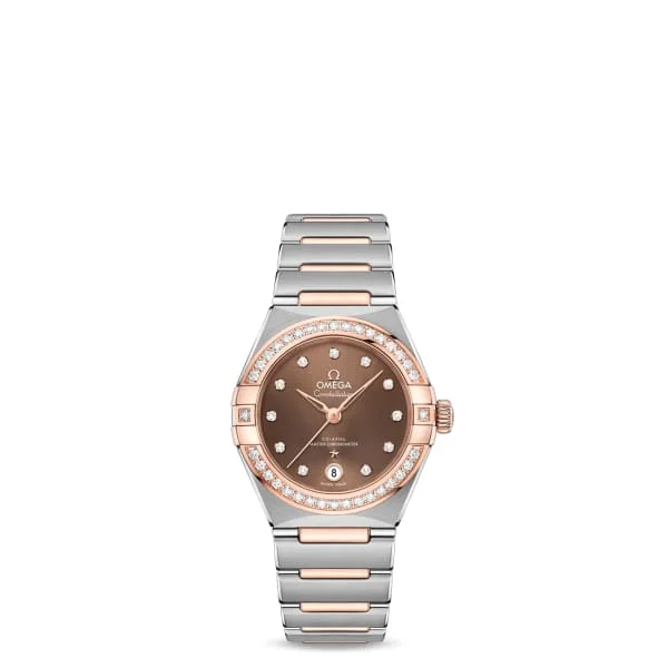 Explore Omega Watches for Modern Luxury –Omega Constellation 29mm Watch - Ref: 131.25.29.20.63.001 - Brown Diamond Index Dial & Diamond Bezel, Two Tone Stainless Steel & 18K Rose Gold Bracelet