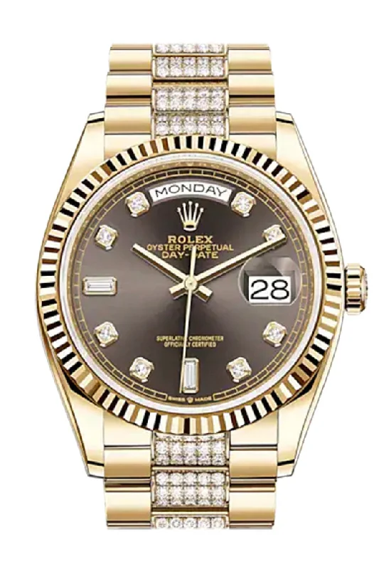 Timeless Rolex Timepieces Online –ROLEX Day-Date 36 Dark Grey Dial 18K Yellow Gold Watch Diamond set president Bracelet 128238