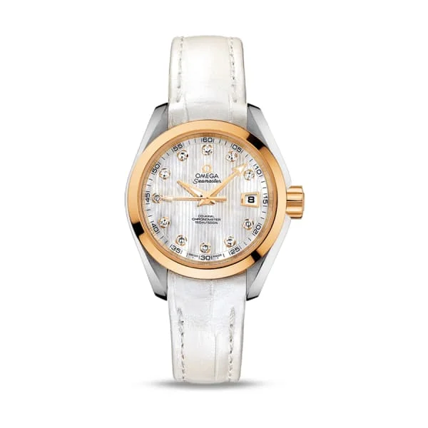 Discover Iconic Omega Timepieces –Omega Seamaster 30mm Watch - Ref: 231.23.30.20.55.002 - White Mother of Pearl Diamond Index Dial & 18K Yellow Gold Bezel, White Leather Strap