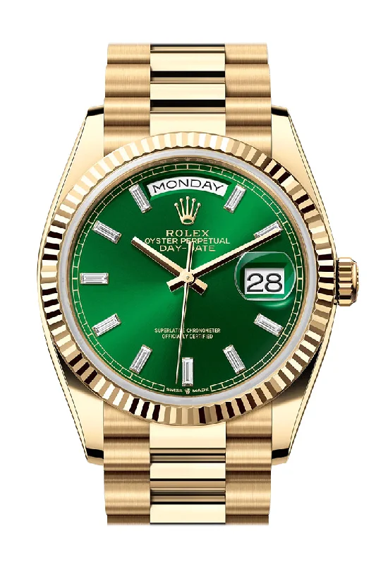 Discover Iconic Rolex Timepieces –Rolex Day-Date 36 Bright Green Dial Gold Fluted Bezel Yellow Gold Watch  128238 128238-0130