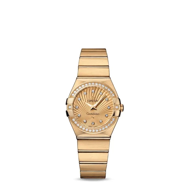 Omega Watches: Precision and Style in Every Model –Omega Constellation 27mm Watch - Ref: 123.55.27.60.58.001 - Champagne Diamond Index Dial & Diamond Bezel, 18K Yellow Gold Bracelet