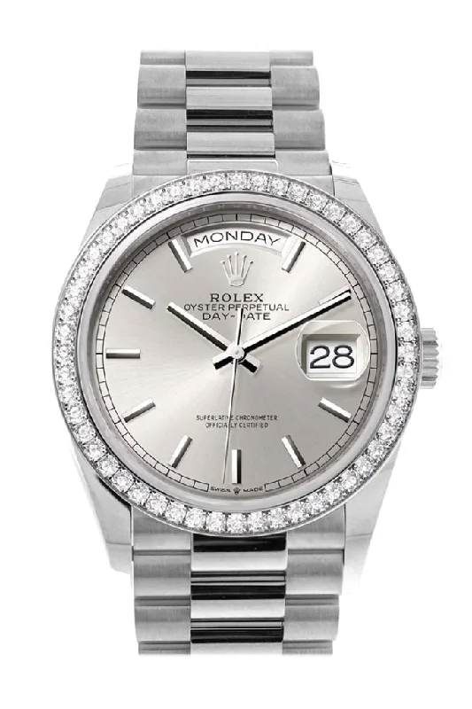 Rolex Watches: Crafted for the Discerning Few –Rolex Day-Date 36 Silver Dial Diamond Bezel White gold President Watch 128349RBR