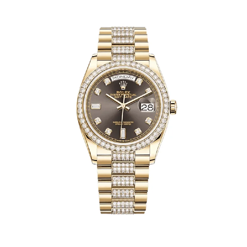 Timeless Rolex Watches for the Watch Enthusiast –Rolex Day-Date 128348RBR Yellow Gold Diamond Bezel Grey Diamond Dial