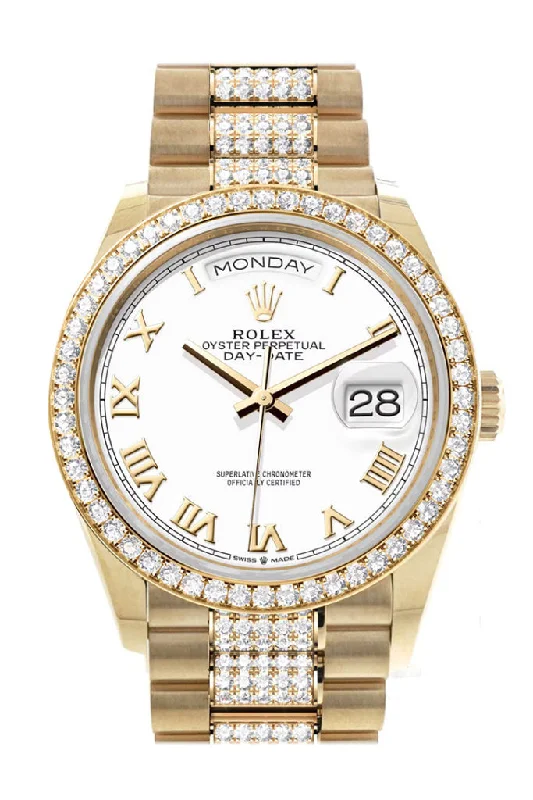 Discover Rolex Watches with Classic Design –Rolex Day-Date 36 White Roman Dial Gold Diamond Bezel Watch 128348RBR-0043 128348RBR